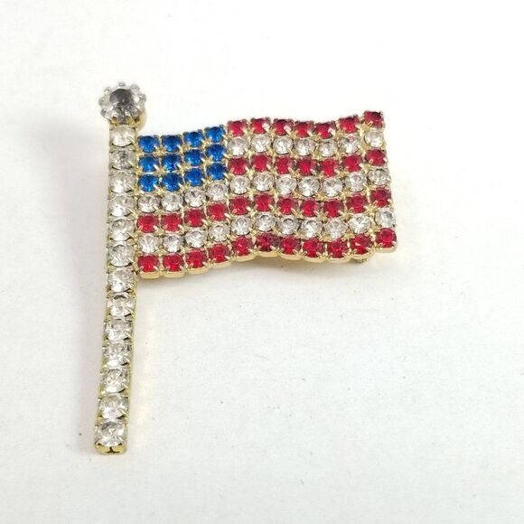 Vintage Rhinestone American Flag Brooch, Red White Blue Pride Patriotic Estate - Picture 6 of 6